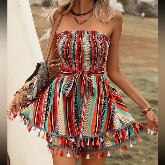 Boho Cottagecore Stripes Print Tassel Belt Tube Top Romper - Picture 4 of 6